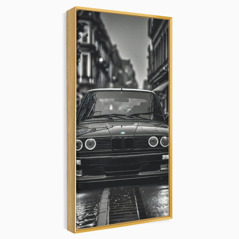 Tablou canvas cu tablou canvas cu masina bmw clasica, in rama de aluminiu auriu
